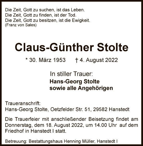 Traueranzeige von Claus-Günther Stolte von UEL