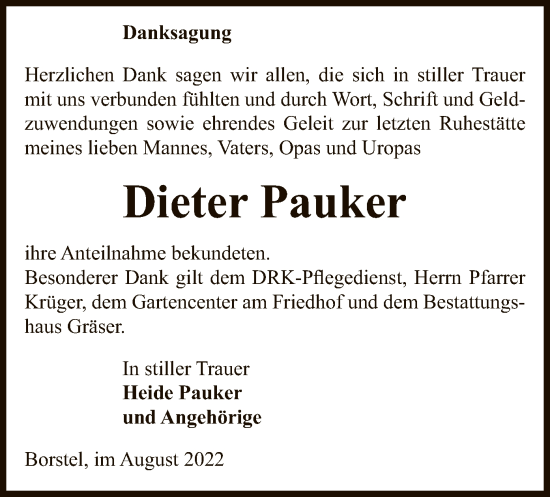 Traueranzeige von Dieter Pauker von UEL