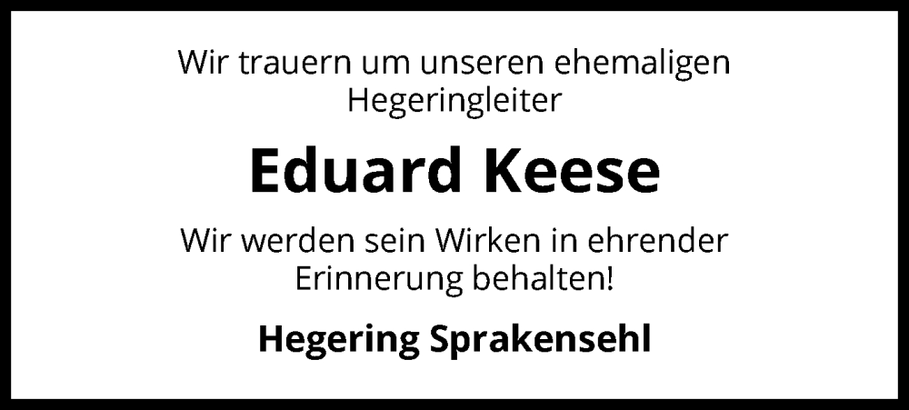  Traueranzeige für Eduard Keese vom 04.08.2022 aus UEL