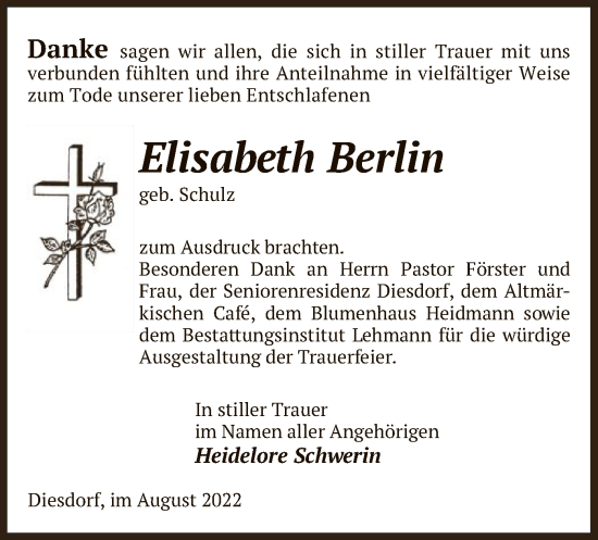 Traueranzeige von Elisabeth Berlin von UEL