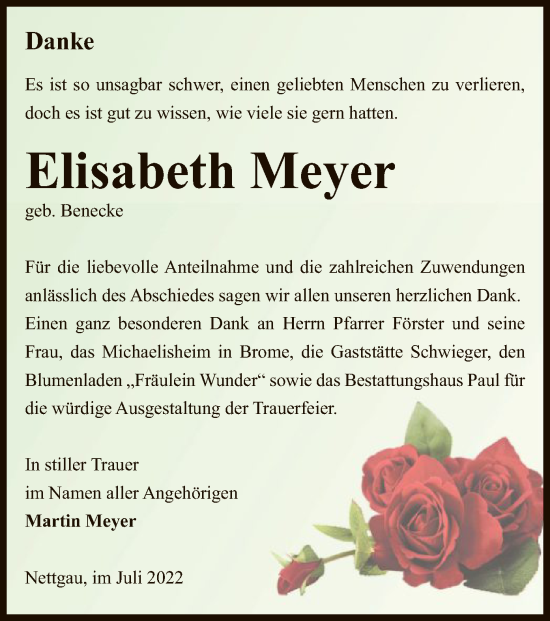 Traueranzeige von Elisabeth Meyer von UEL