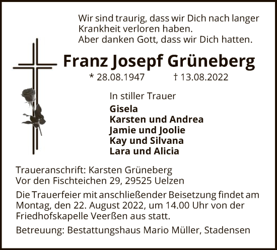 Traueranzeige von Franz Josepf Grüneberg von UEL