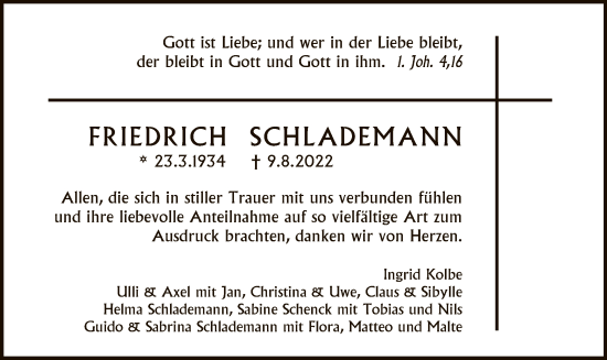 Traueranzeige von Friedrich Schlademann von UEL