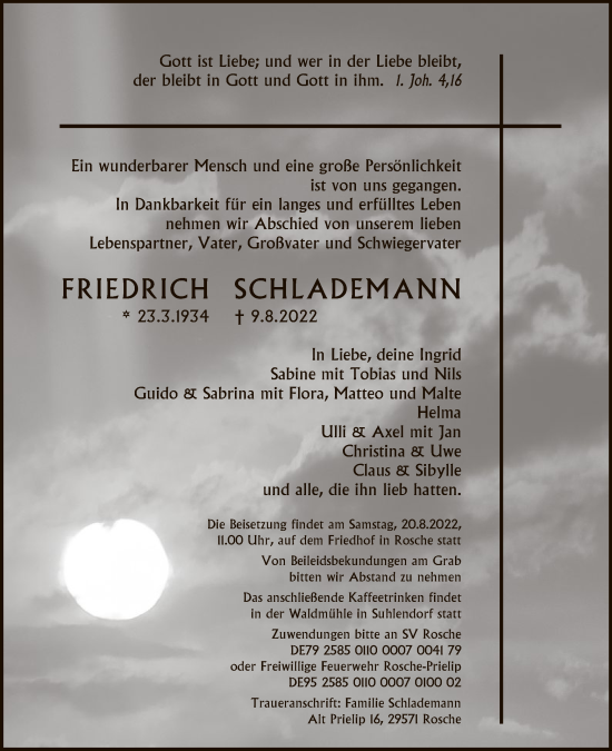 Traueranzeige von Friedrich Schlademann von UEL