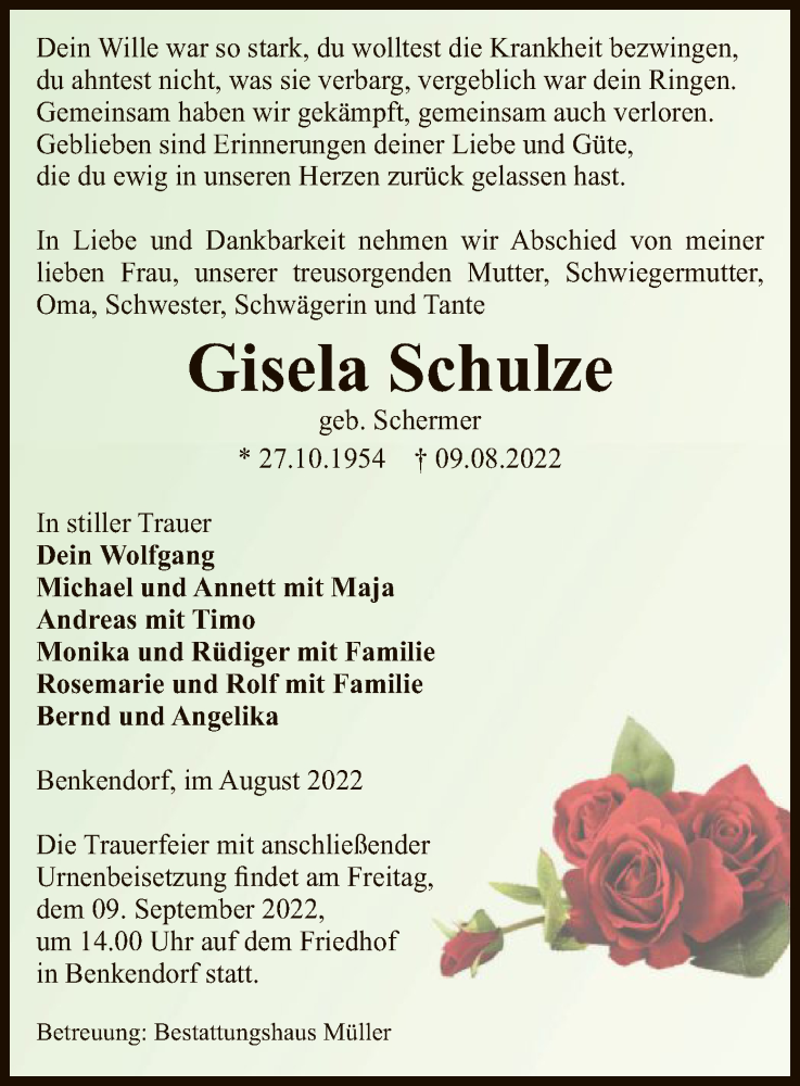  Traueranzeige für Gisela Schulze vom 11.08.2022 aus UEL