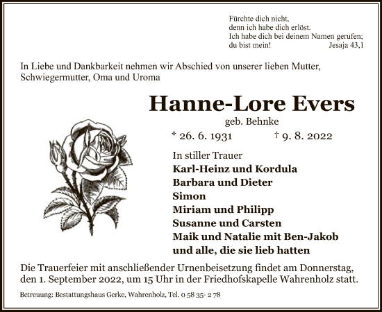 Traueranzeige von Hanne-Lore Evers von UEL