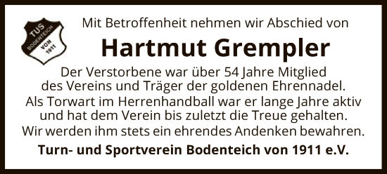 Traueranzeige von Hartmut Grempler von UEL