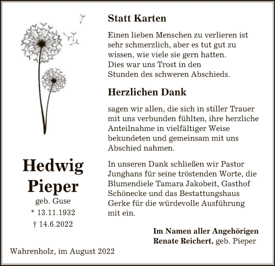 Traueranzeige von Hedwig Pieper von UEL