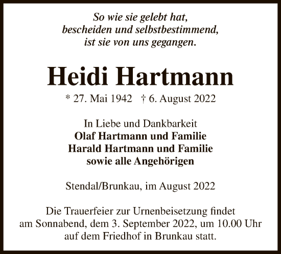 Traueranzeige von Heidi Hartmann von UEL