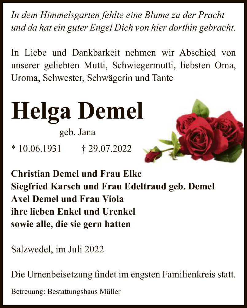  Traueranzeige für Helga Demel vom 02.08.2022 aus UEL