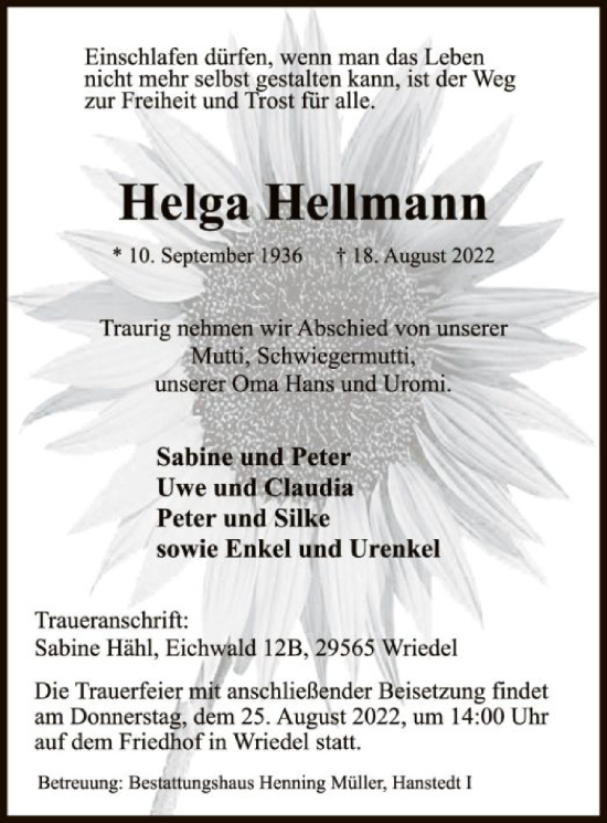 Traueranzeige von Helga Hellmann von UEL