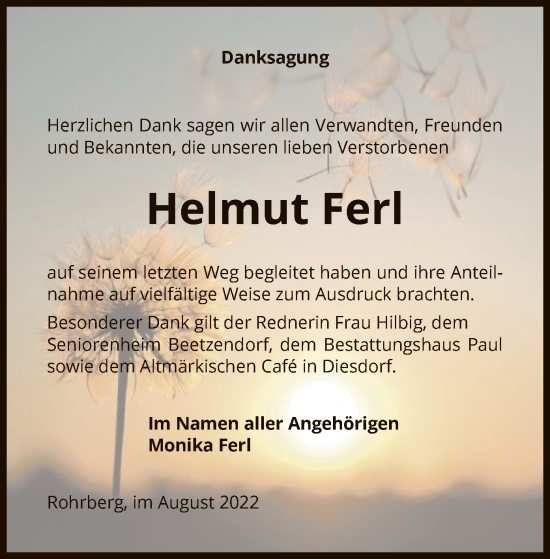 Traueranzeige von Helmut Ferl von UEL