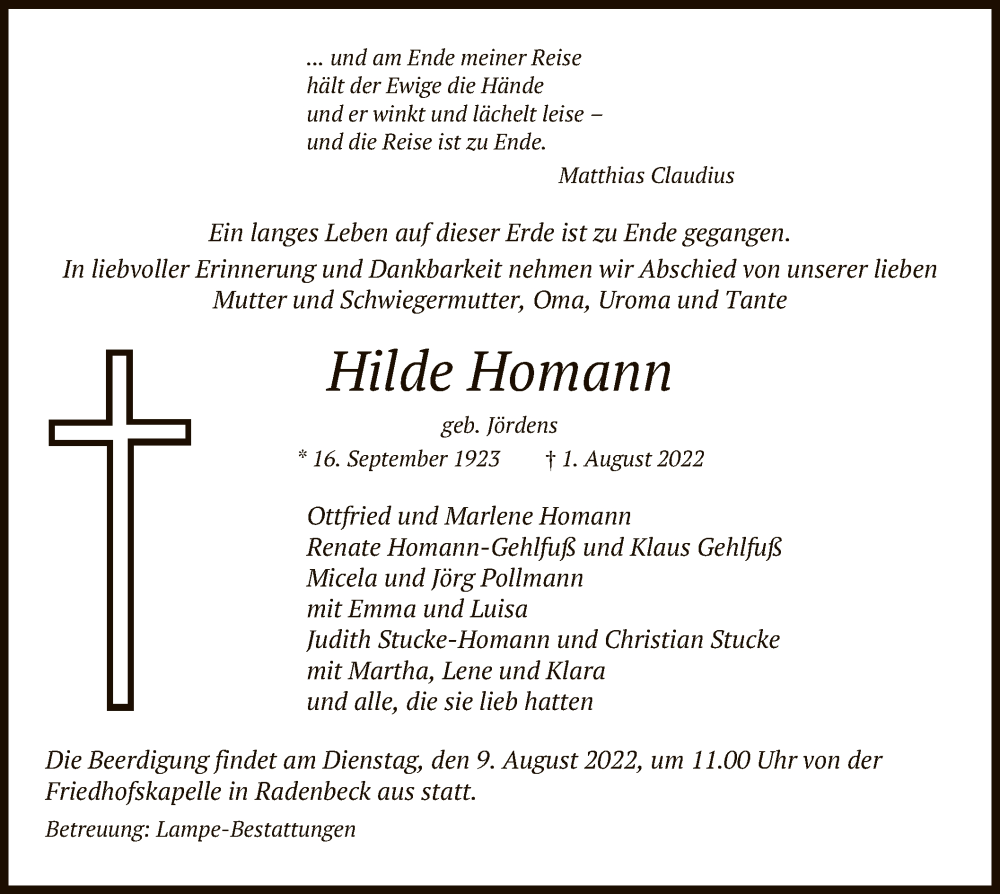  Traueranzeige für Hilde Homann vom 04.08.2022 aus UEL