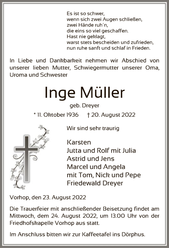 Traueranzeige von Inge Müller von UEL