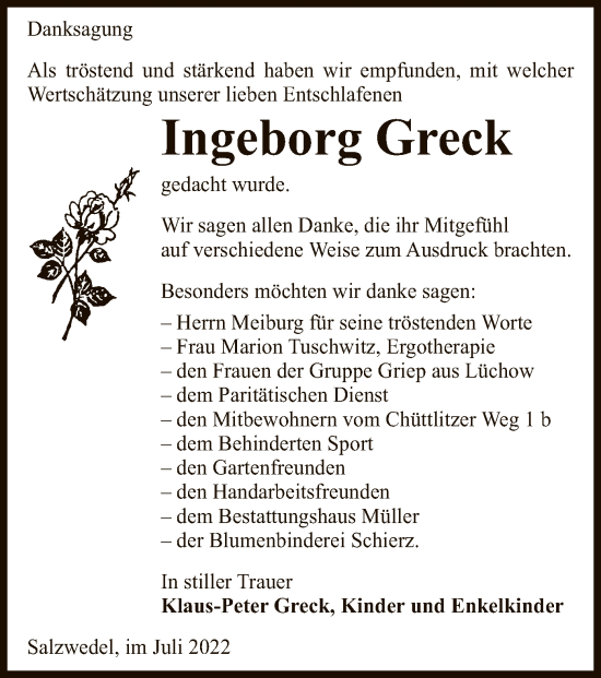 Traueranzeige von Ingeborg Greck von UEL