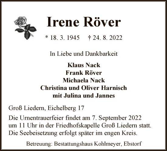 Traueranzeige von Irene Röver von UEL