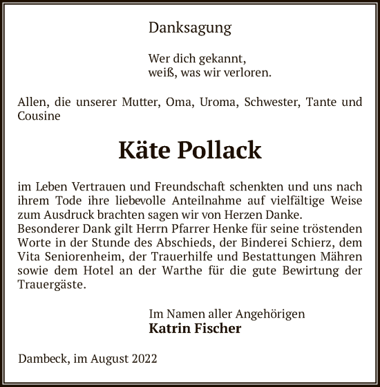 Traueranzeige von Käte Pollack von UEL