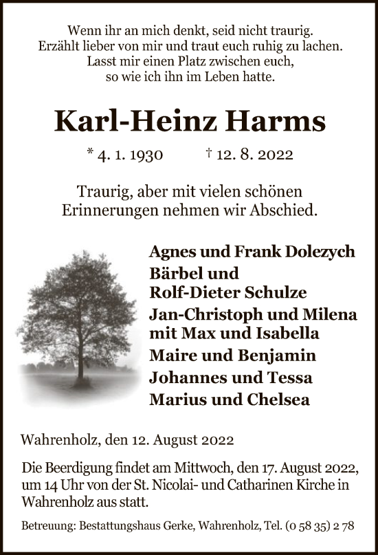 Traueranzeige von Karl-Heinz Harms von UEL