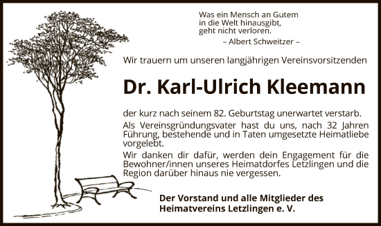 Traueranzeige von Karl-Ulrich Kleemann von UEL