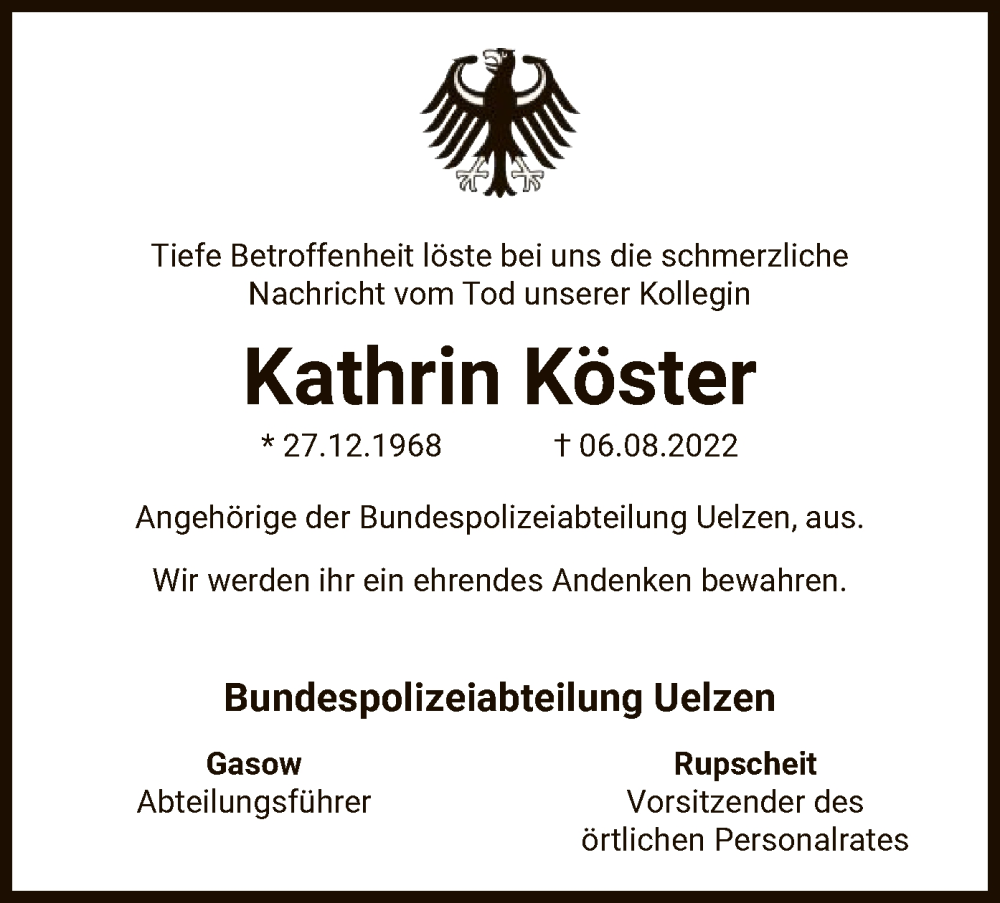  Traueranzeige für Kathrin Köster vom 19.08.2022 aus UEL