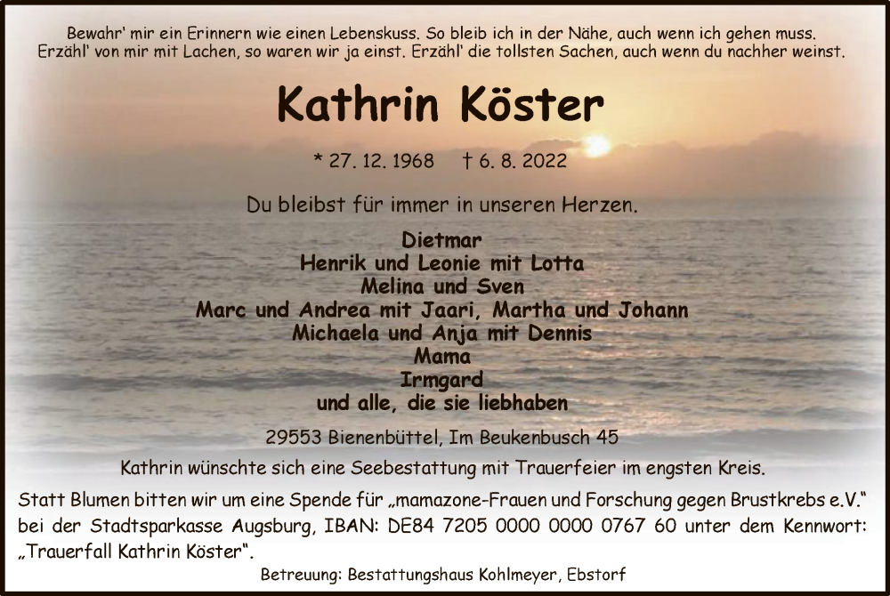  Traueranzeige für Kathrin Köster vom 13.08.2022 aus UEL