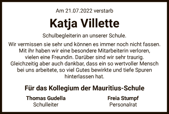 Traueranzeige von Katja Villette von UEL