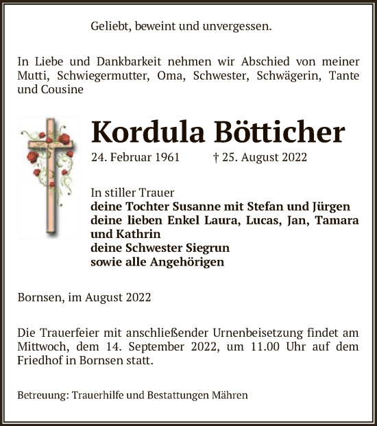 Traueranzeige von Kordula Bötticher von UEL