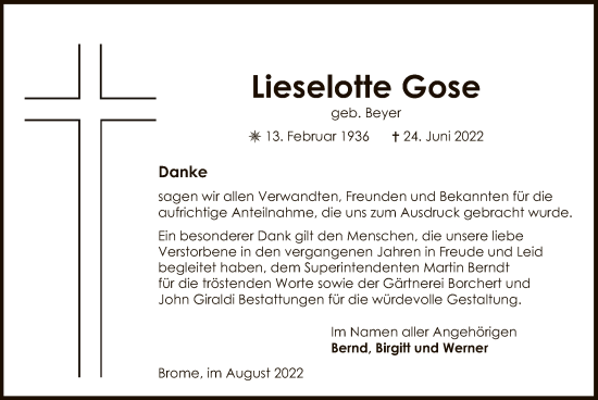 Traueranzeige von Lieselotte Gose von UEL