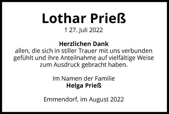 Traueranzeige von Lothar Prieß von UEL