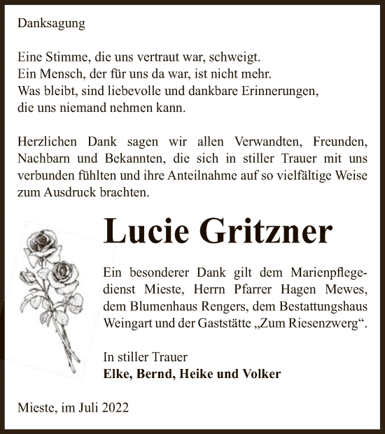 Traueranzeige von Lucie Gritzner von UEL