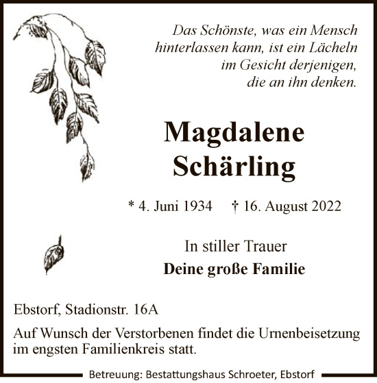 Traueranzeige von Magdalena Schärling von UEL