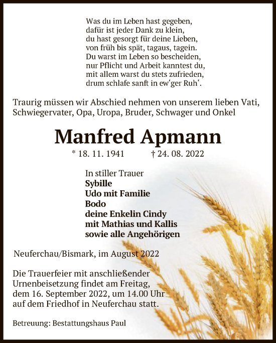 Traueranzeige von Manfred Apmann von UEL