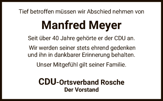 Traueranzeige von Manfred Meyer von UEL