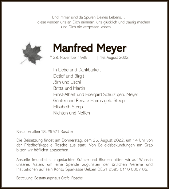 Traueranzeige von Manfred Meyer von UEL