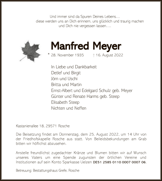 Traueranzeige von Manfred Meyer von UEL