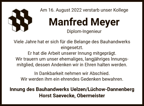 Traueranzeige von Manfred Meyer von UEL