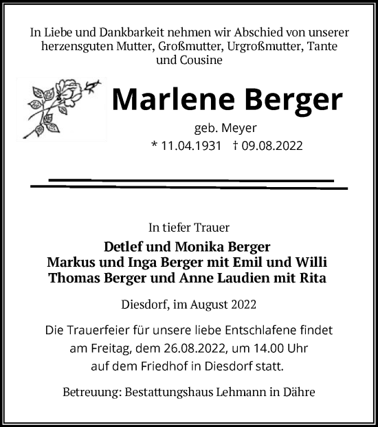 Traueranzeige von Marlene Berger von UEL