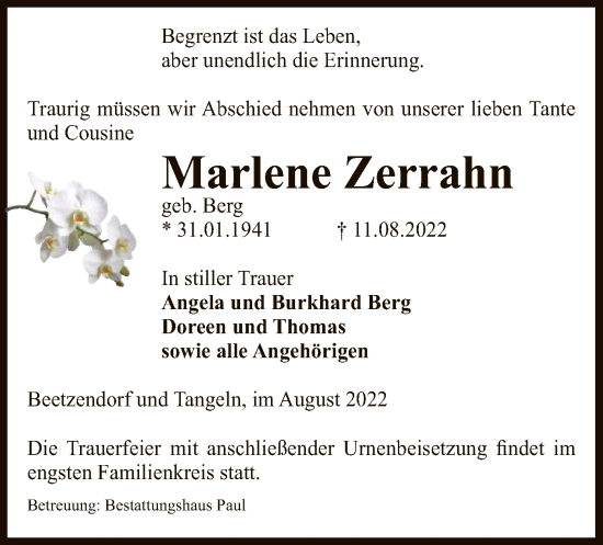 Traueranzeige von Marlene Zerrahn von UEL