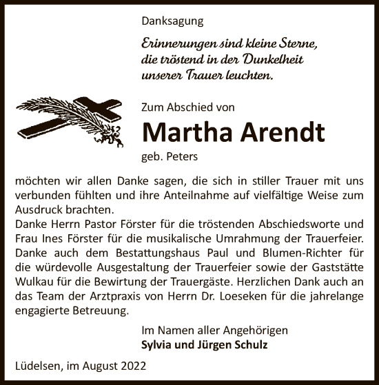 Traueranzeige von Martha Arendt von UEL