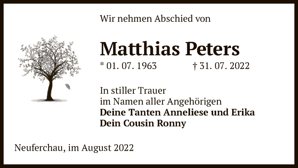  Traueranzeige für Matthias Peters vom 04.08.2022 aus UEL