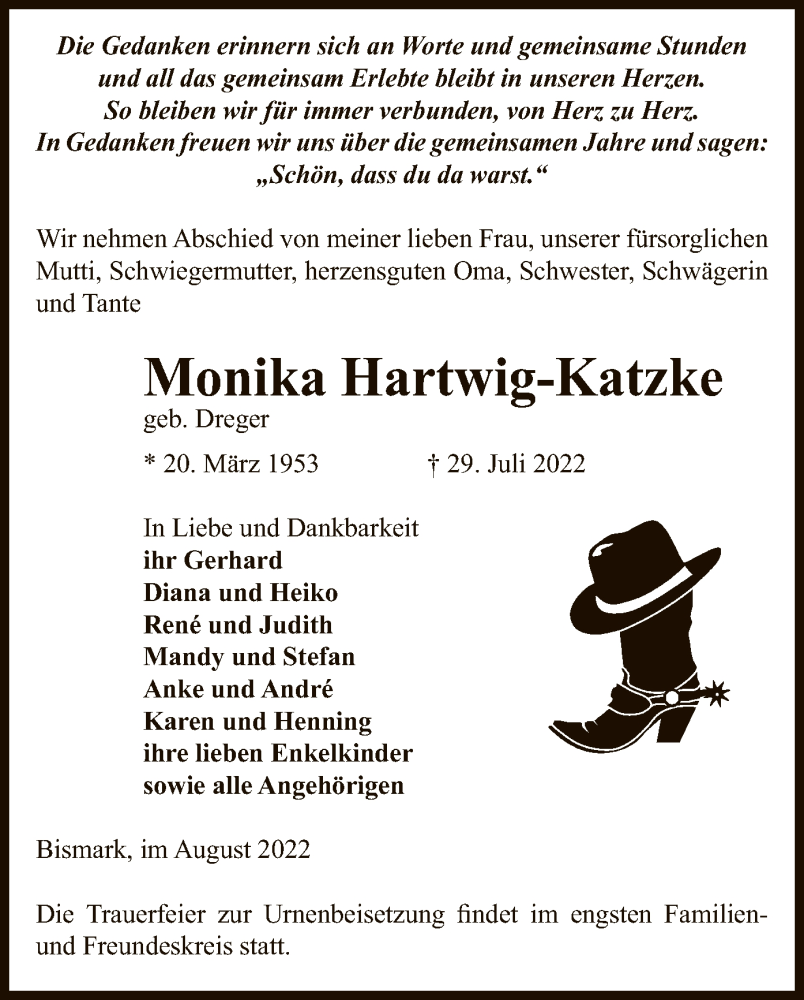  Traueranzeige für Monika Hartwig-Katzke vom 03.08.2022 aus UEL