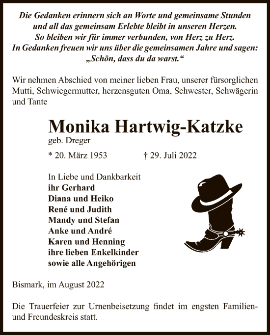 Traueranzeige von Monika Hartwig-Katzke von UEL