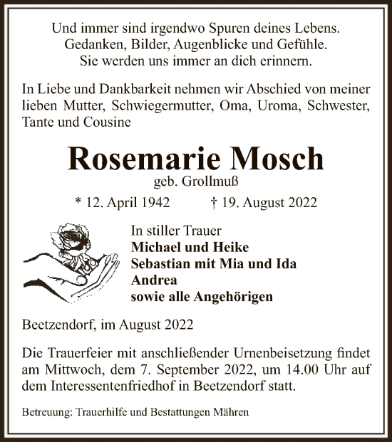 Traueranzeige von Rosemarie Mosch von UEL