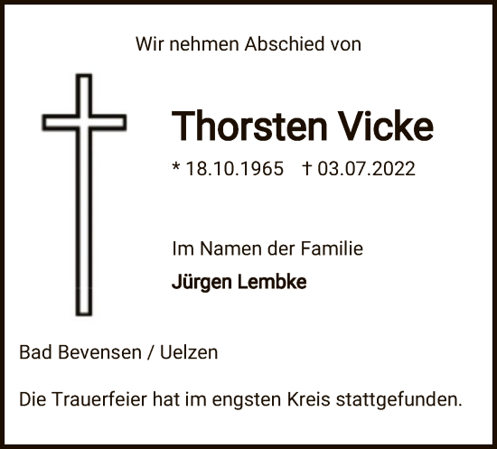 Traueranzeige von Thorsten Vicke von UEL