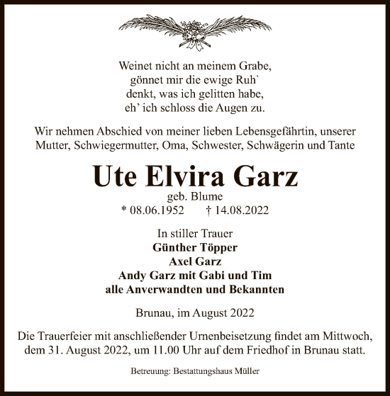 Traueranzeige von Ute Elvira Garz von UEL