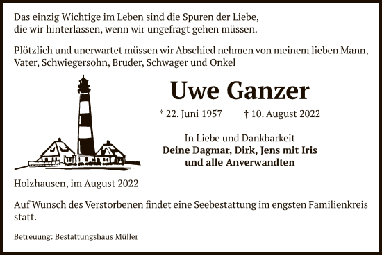 Traueranzeige von Uwe Ganzer von UEL