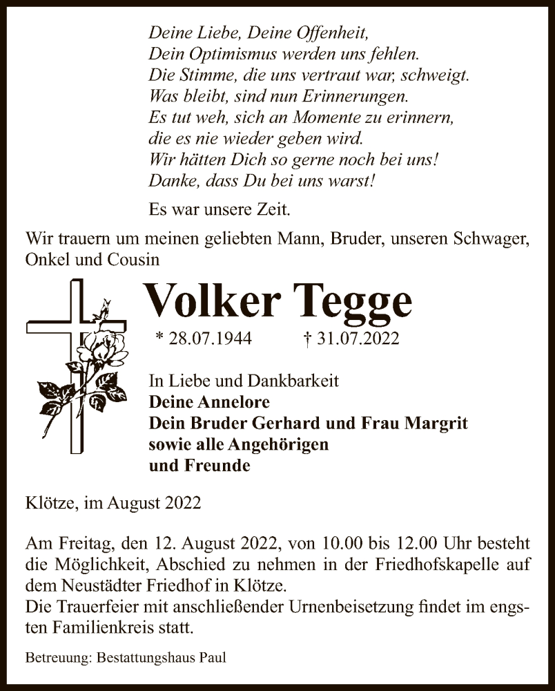  Traueranzeige für Volker Tegge vom 04.08.2022 aus UEL