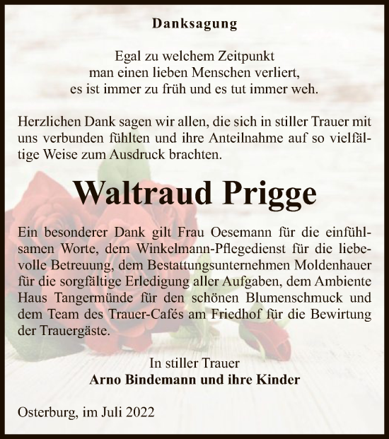 Traueranzeige von Waltraud Prigge von UEL