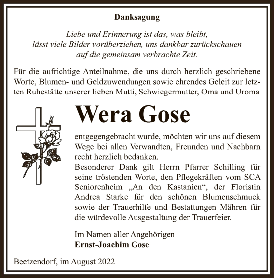 Traueranzeige von Wera Gose von UEL