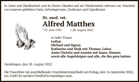 Traueranzeige von Alfred Matthes von UEL